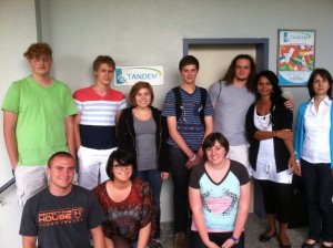 The students at the Tandem language school with their teacher, Jessica, and the director of the school, Fr. Harms.
